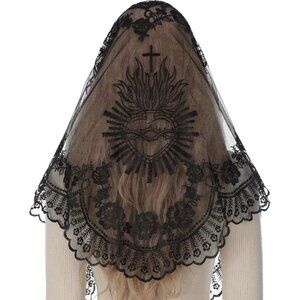 Church Veil Triangular Mantilla - Cross Chalice Embroidered Vintage Catholic Mas